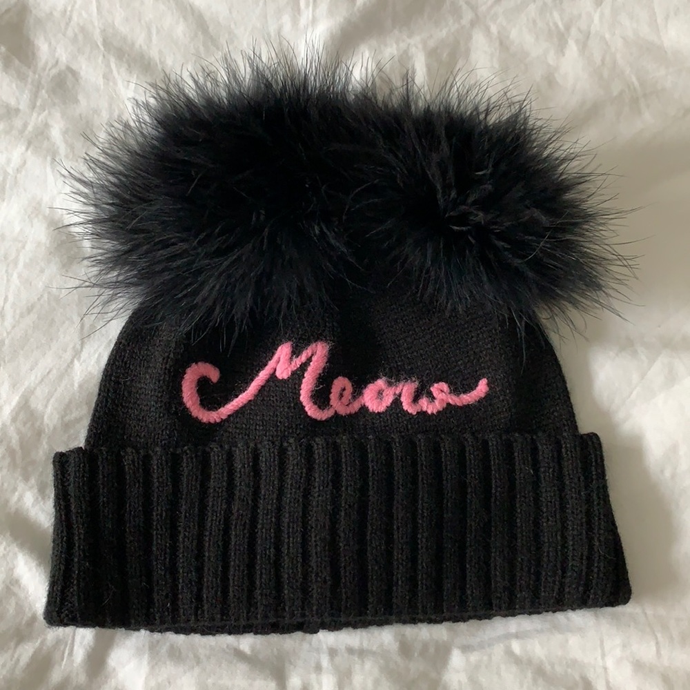Brand new black Kate Spade meow beanie w/ poms